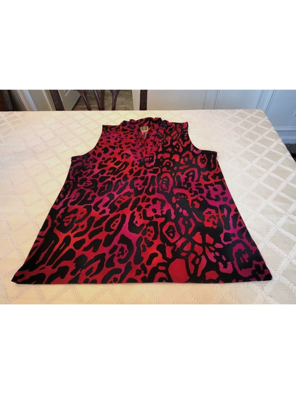 Anne Klein Women's Blouse XL Sleeveless V-Neck Animal Print Red Black Fuschia